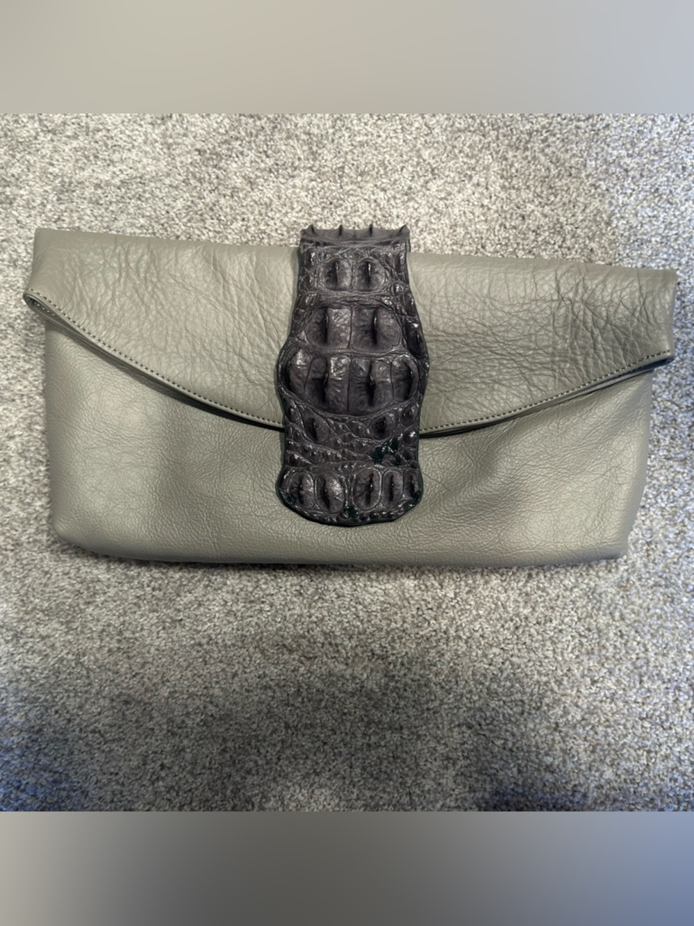 Gray Leather Clutch with Croc-Texture Accent